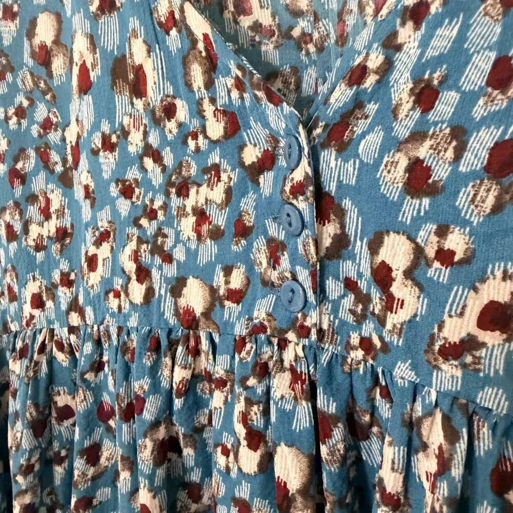 Boho Mini Peasant Baby Doll Dress‎ Tunic Blue Mixed Print Size Small - Picture 4 of 8